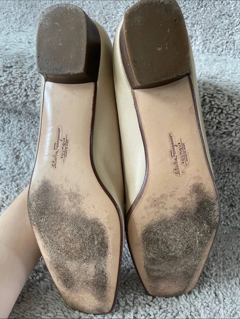 Salvatore Ferragamo Beige Leather Loafers with Gold Hardware